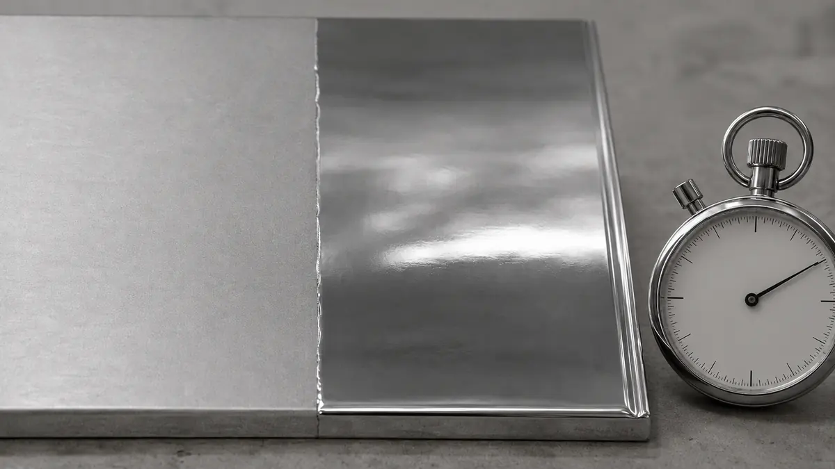Zwei Lackschichten auf Metall nebeneinander: links abgelüftete matte Schicht, rechts frisch aufgesprühter Chromlack, daneben Stoppuhr als Symbol für die Ablüftzeit