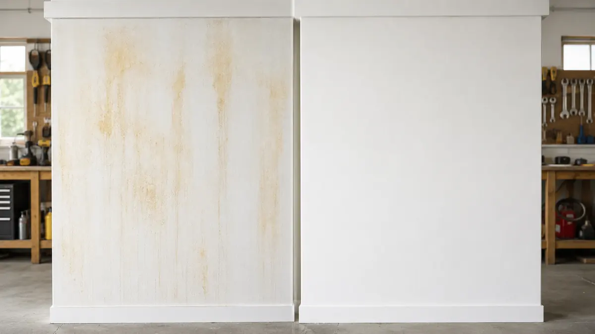 Vergleich Wand mit und ohne Absperrlack: links Nikotinfleck sichtbar, rechts Fleck vollstaendig gesperrt