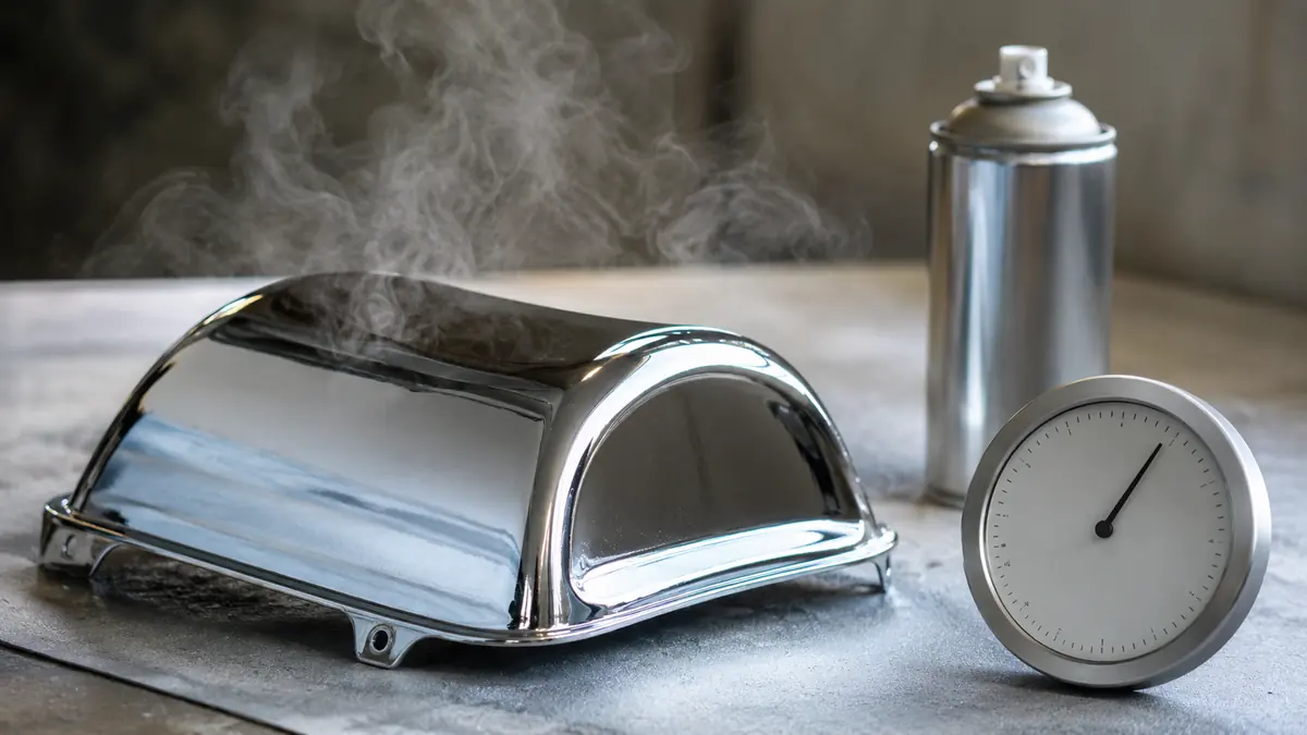 Frisch lackierte Metalloberflaeche nach dem Auftrag von Chromlack-Spray beim Ausgasen mit aufsteigenden Loesungsmitteldaempfen