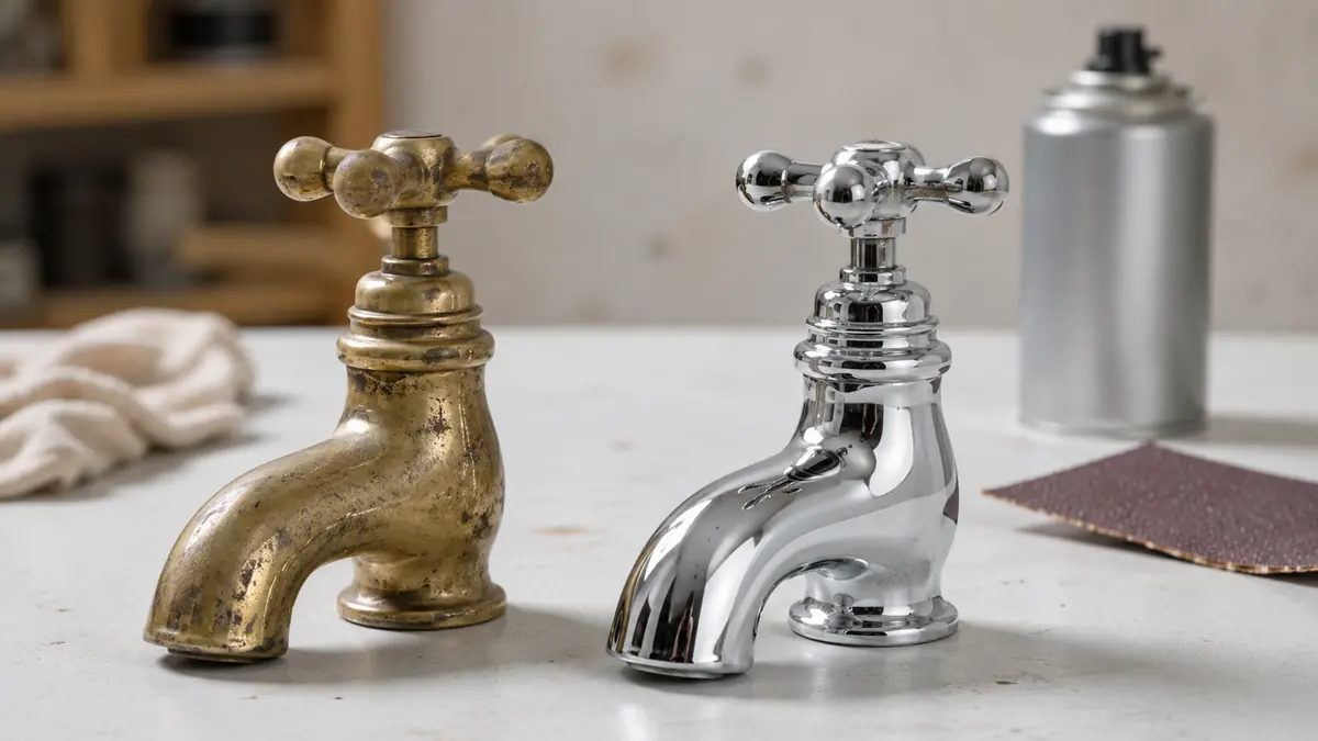 Wasserhahn vor und nach der Beschichtung mit Chrom-Effektlack aus der Spraydose