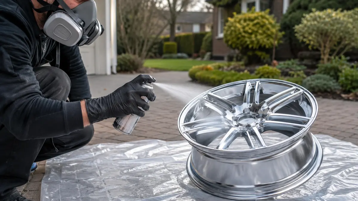 Person lackiert eine Autofelge mit Chromlack-Spraydose auf einer Einfahrt im Freien mit Schutzhandschuhen und Atemschutzmaske