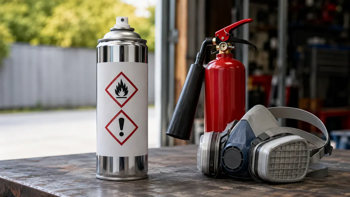 Chromlack-Spraydose mit GHS-Gefahrenpiktogrammen neben einem CO2-Feuerlöscher und Atemschutzmaske auf einer Werkbank