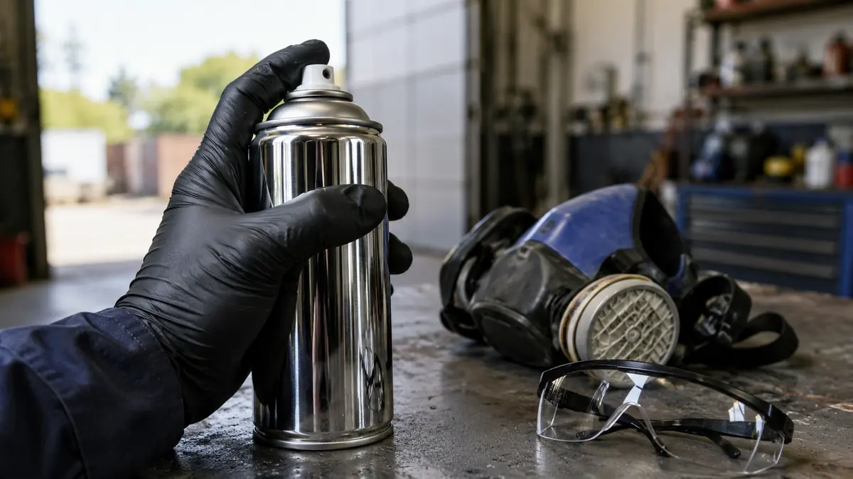 Schutzausrüstung für Chromlack-Spray: Nitrilhandschuh, Atemschutzmaske und Schutzbrille auf einer Werkbank
