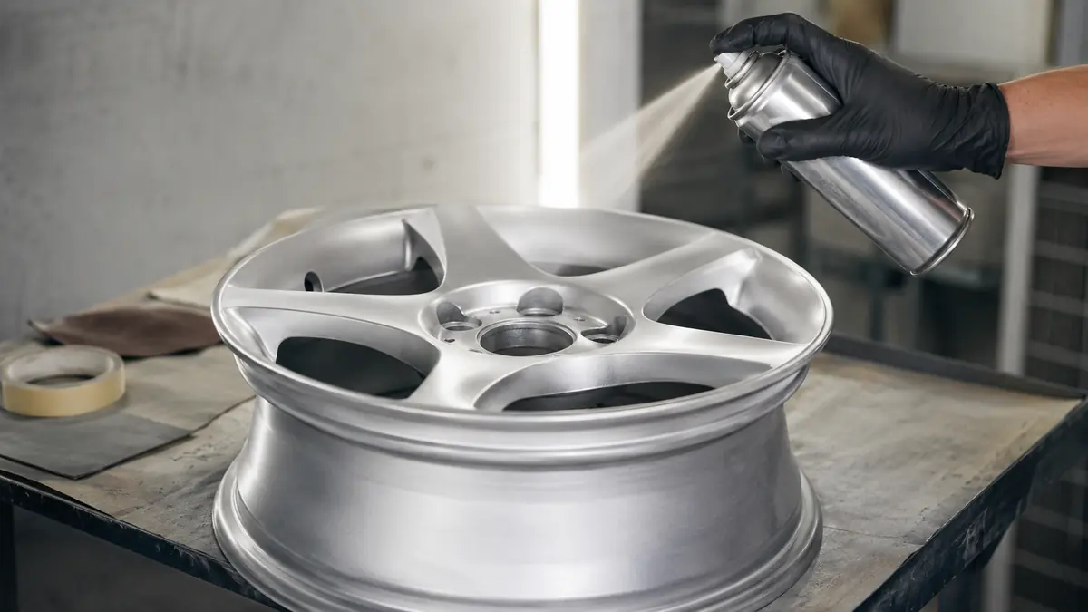 Chrom-Effektlack wird per Spraydose gleichmaessig auf eine vorbereitete Leichtmetallfelge aufgetragen