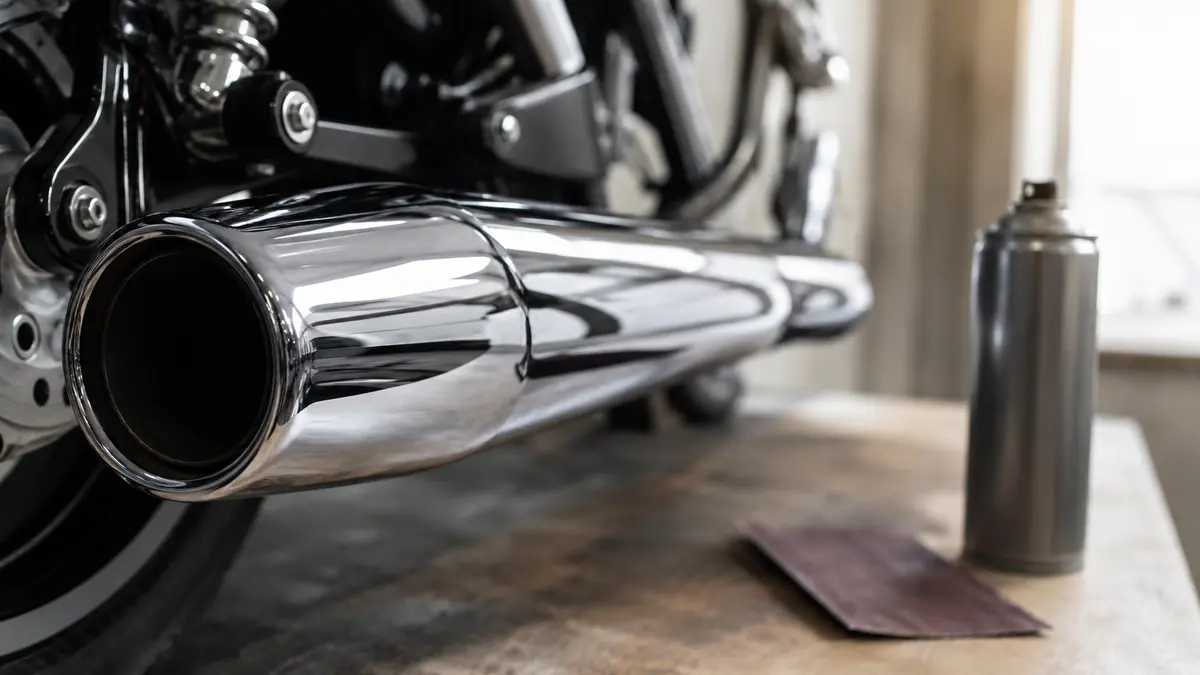Motorrad-Auspuffrohr mit Chromlack-Spray veredelt, Spruehdose und Schleifpapier auf Werkbank