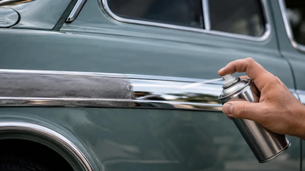 Chromzierleiste eines Oldtimers wird mit Chromlack-Spraydose aufgefrischt