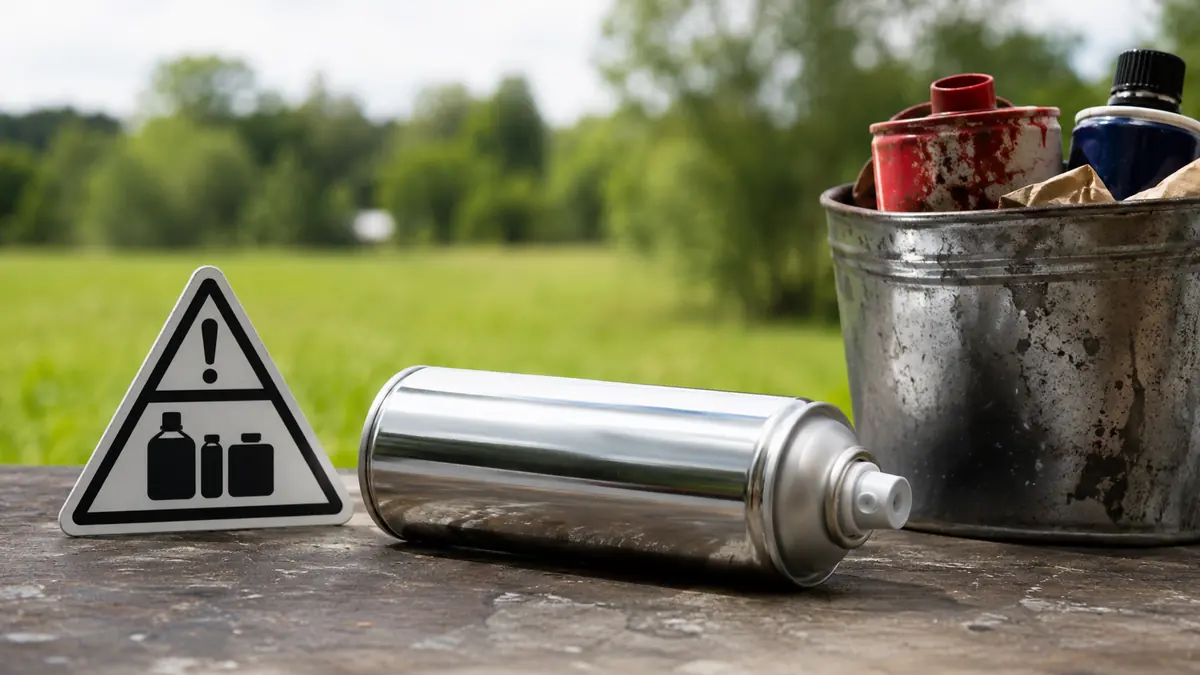 Leere Chromlack-Spraydose neben Sondermuell-Behaelter vor gruener Umgebung