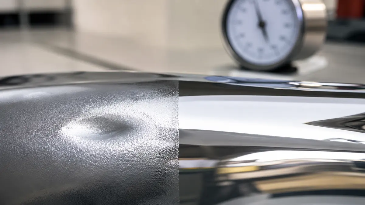 Chromeffektlack auf Metalluntergrund: links noch weiche Oberfläche mit Fingereindruck, rechts fertig durchgehärtete glänzende Schicht