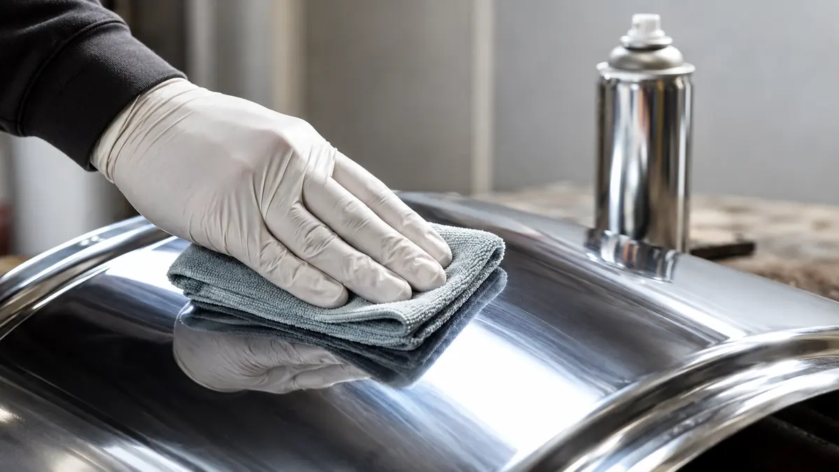 Hand mit Einmalhandschuh wischt Metalloberflaeche mit Silikonentferner und Microfasertuch vor dem Auftragen von Chromlack