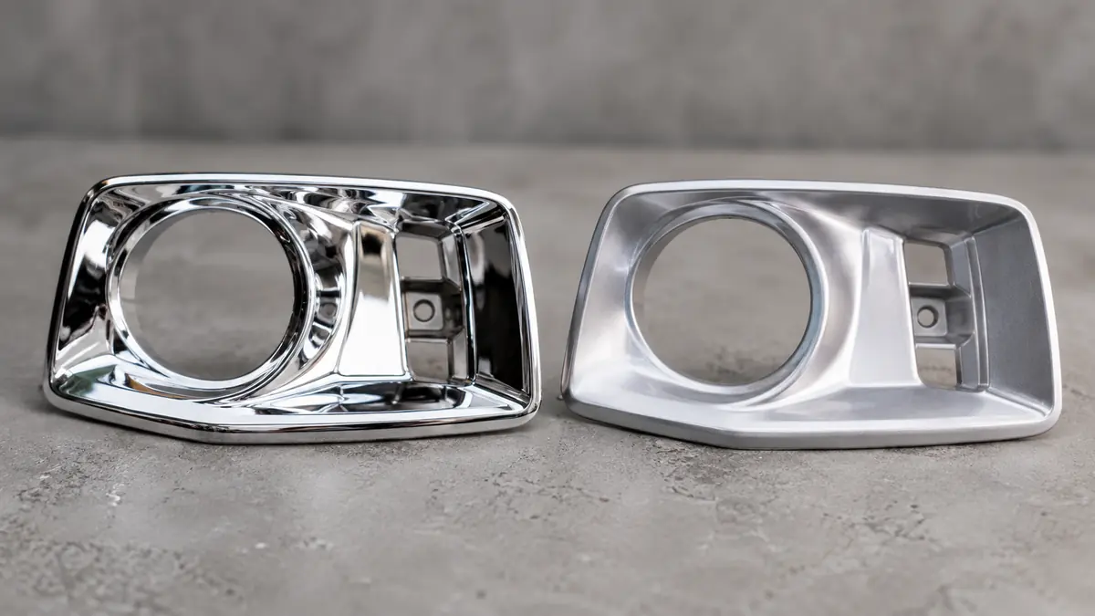 Vergleich galvanische Verchromung links gegen Chrom-Effektlack rechts auf zwei gleichartigen Metallteilen