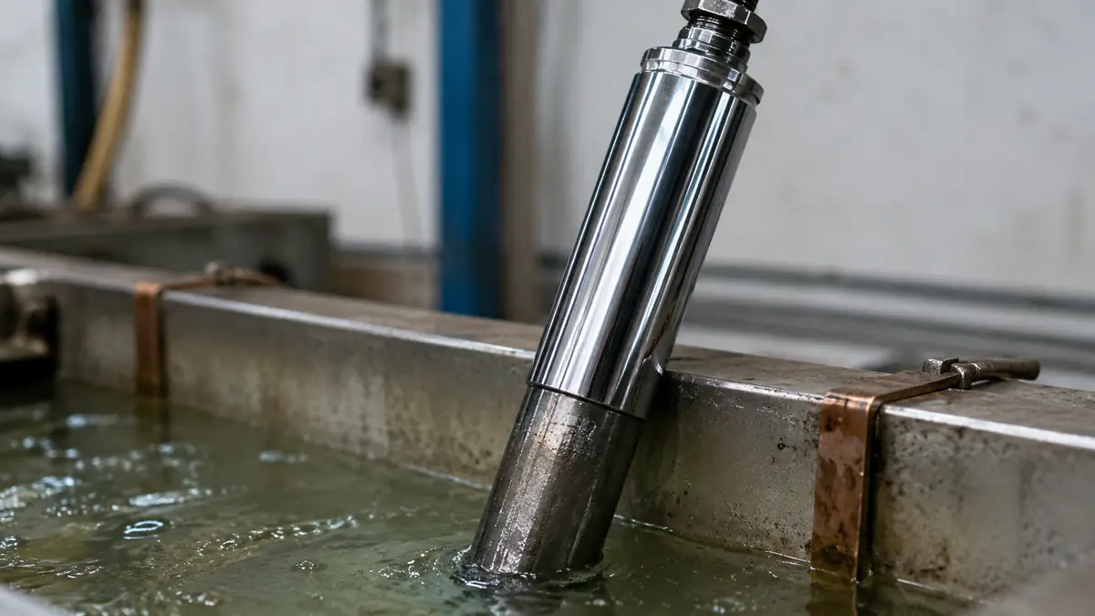 Hydraulikkolbenstange wird galvanisch verchromt: linke Halfte matt im Elektrolytbad, rechte Halfte hochglanzend verchromt