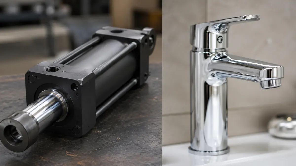 Vergleich Hartverchromung und Dekorverchromung: links ein Hydraulikzylinder mit matter Schutzschicht, rechts eine glänzende Chromarmatur