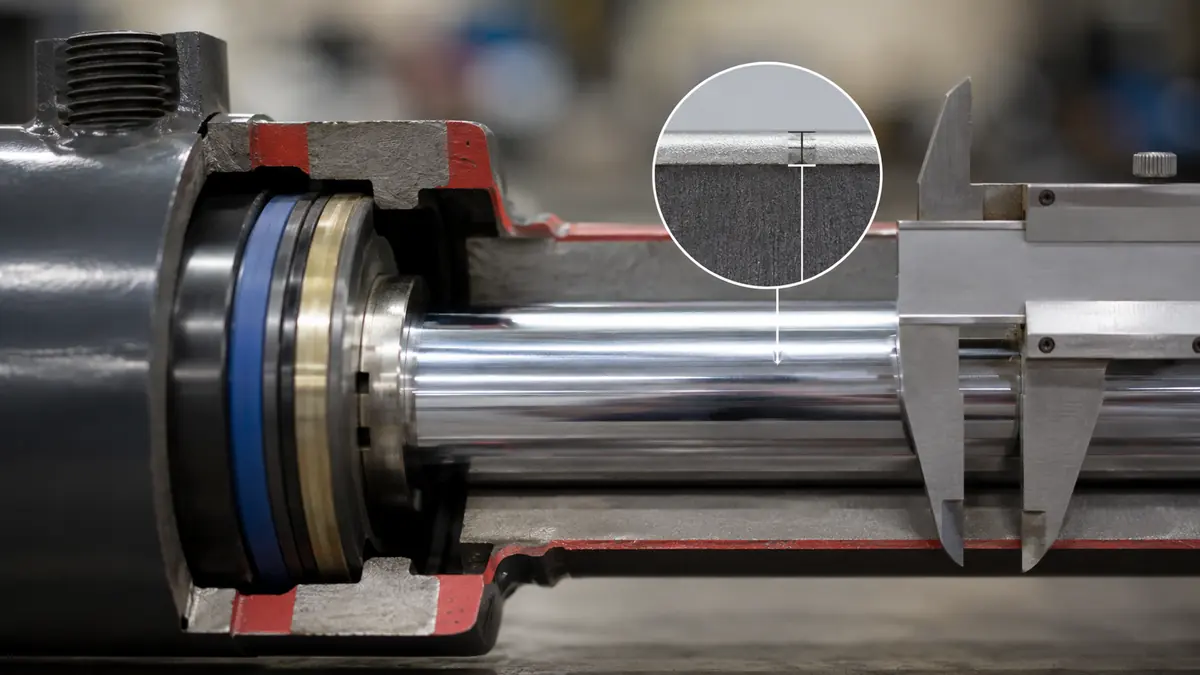 Kolbenstange eines Hydraulikzylinders mit glaenzend-matter Hartchrom-Beschichtung und Messschieber zur Schichtdicken-Veranschaulichung