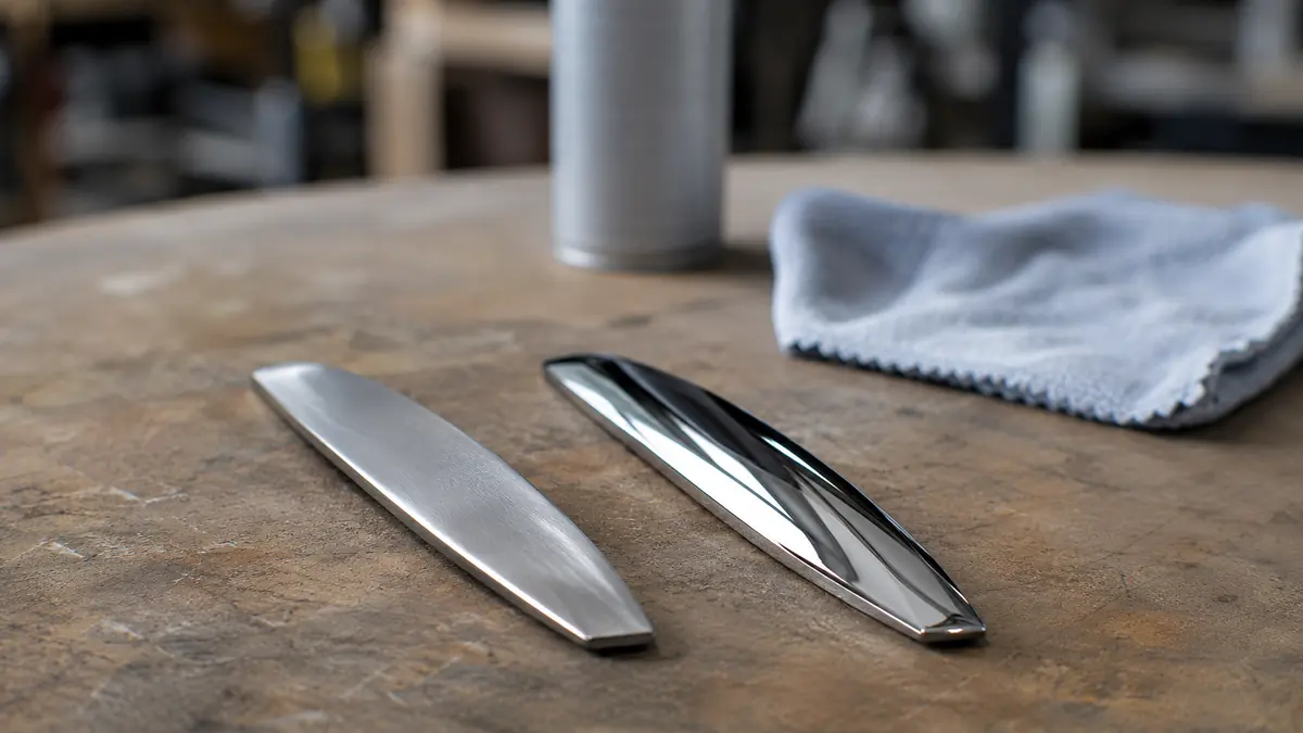 Vergleich Chromlack mit und ohne Klarlack-Versiegelung auf zwei Metallobjekten, links stumpf und mit Fingerabdruecken, rechts spiegelnd versiegelt