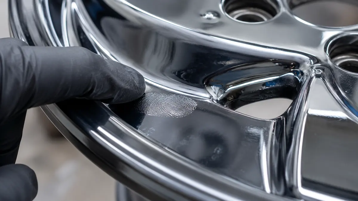 Klebrige Chromlack-Oberflaeche auf Metall mit sichtbarem Fingerabdruck als Zeichen unvollstaendiger Trocknung