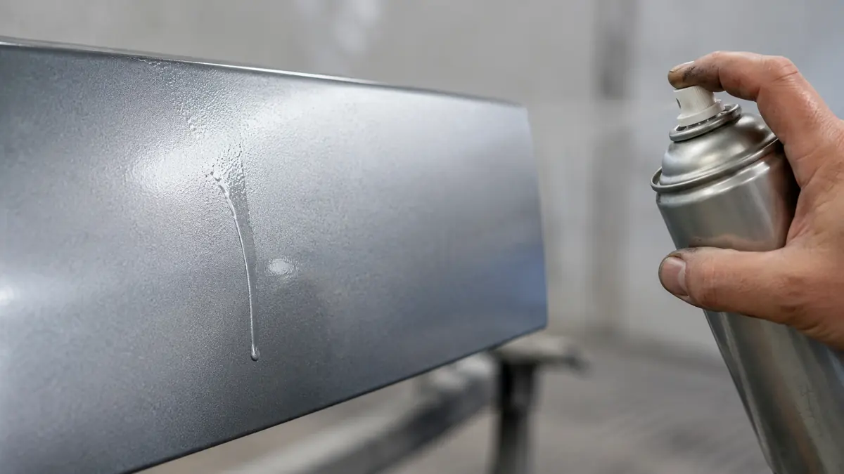 Lacknase in Chrom-Effektlack auf Metalloberflaache als Beispiel fuer zu dicken Lackauftrag mit der Spraydose