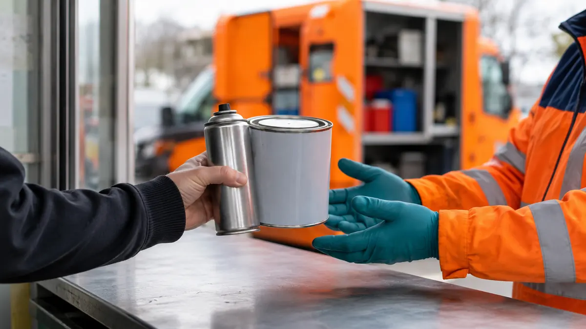 Person gibt eine halbvolle Chromlack-Spraydose am Schadstoffmobil ab