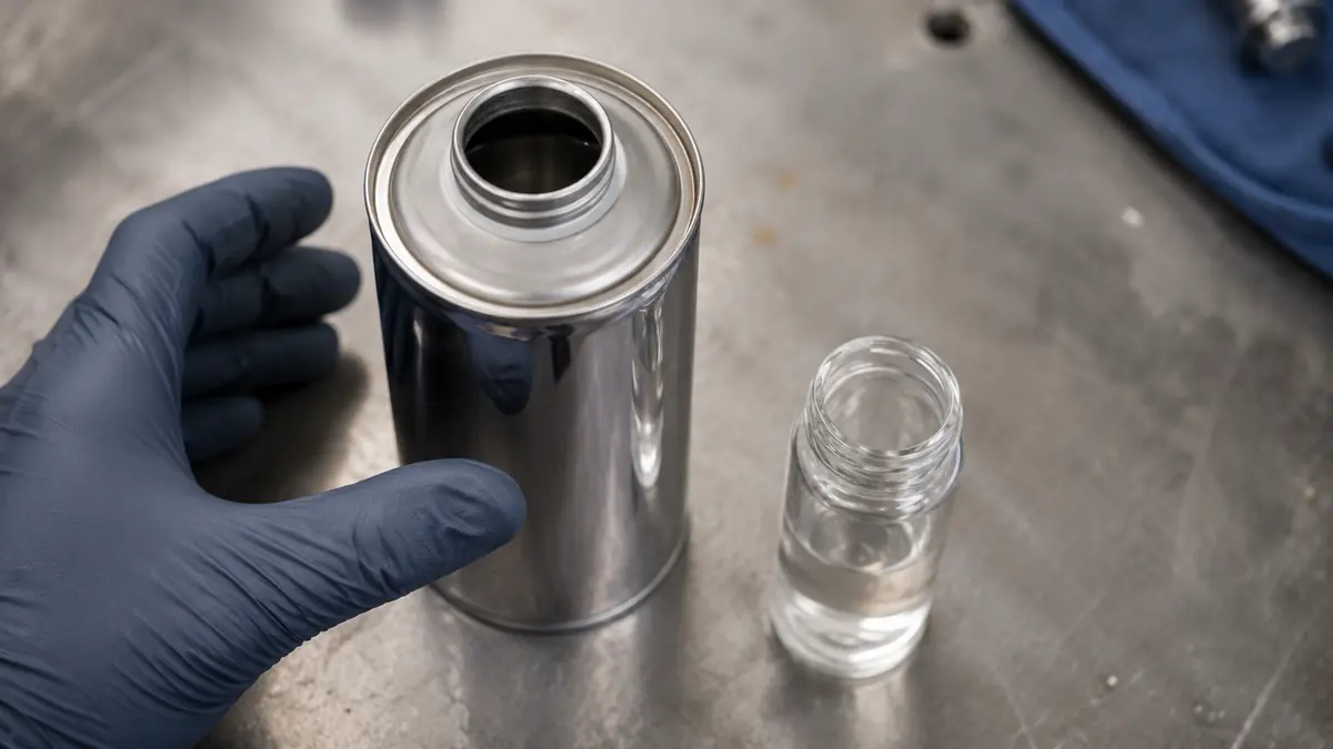Geöffnete Chromlack-Spraydose mit Nitrilhandschuh und Lösungsmittelprobe auf Werkbank
