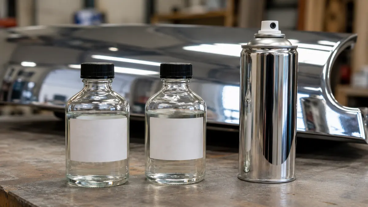 Isopropylalkohol und Aceton als Lösungsmittel neben einer Chromlack-Sprühdose auf einer Werkbank
