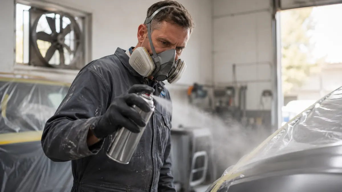Lackierer mit Atemschutzmaske benutzt Chromlack-Spraydose in belüfteter Garagenwerkstatt mit Ventilator im Fenster