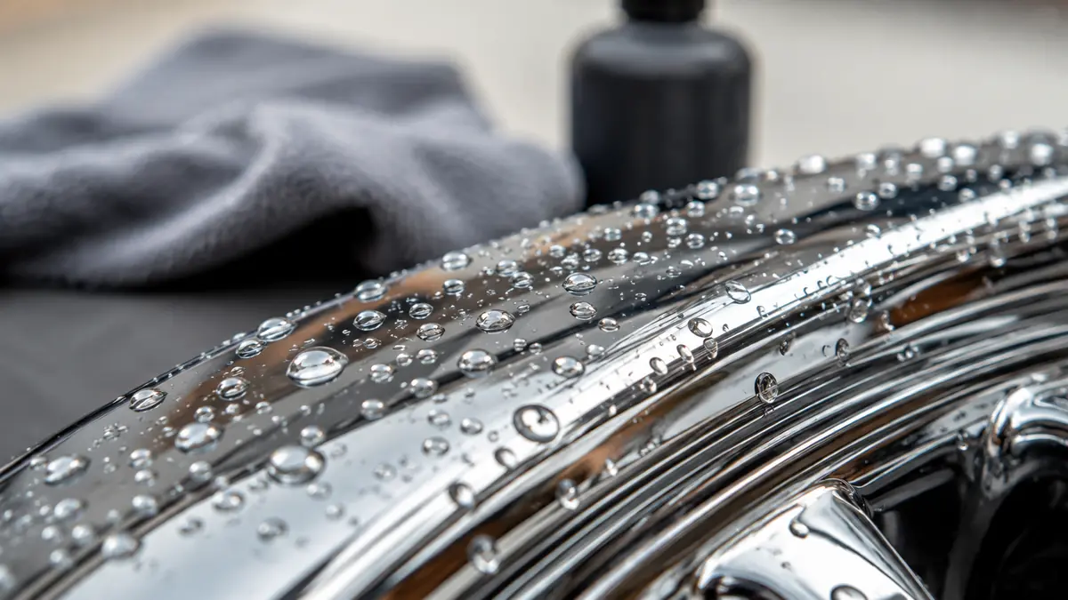 Wasserperlen auf nanoversiegeltem Chromlack an einer Autofelge