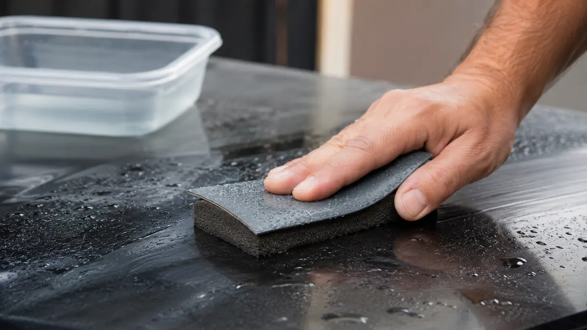 Hand mit Schleifklotz beim Nassschliff einer glaenzend schwarzen Lackflaeche mit sichtbaren Wassertropfen
