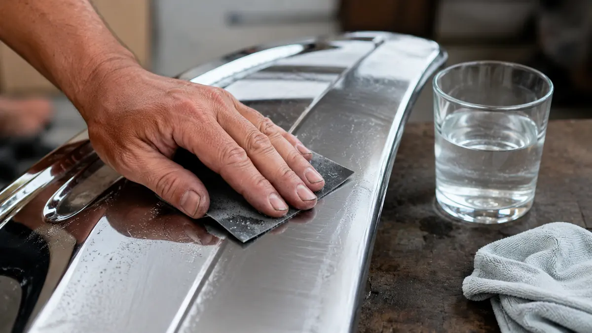 Hand schleift Chromlack-Oberflache mit Nassschleifpapier Koernung 400 an