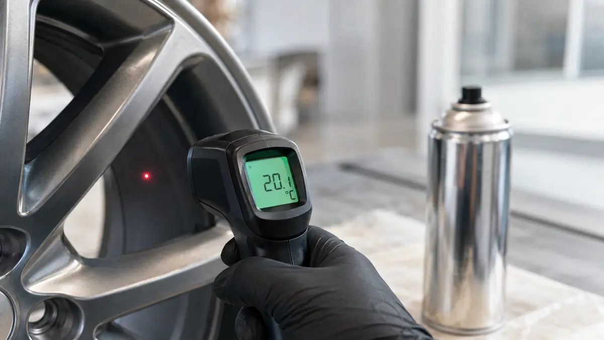 Infrarot-Thermometer misst die Objekttemperatur einer Metallfelge vor dem Auftragen von Chromlack-Spray