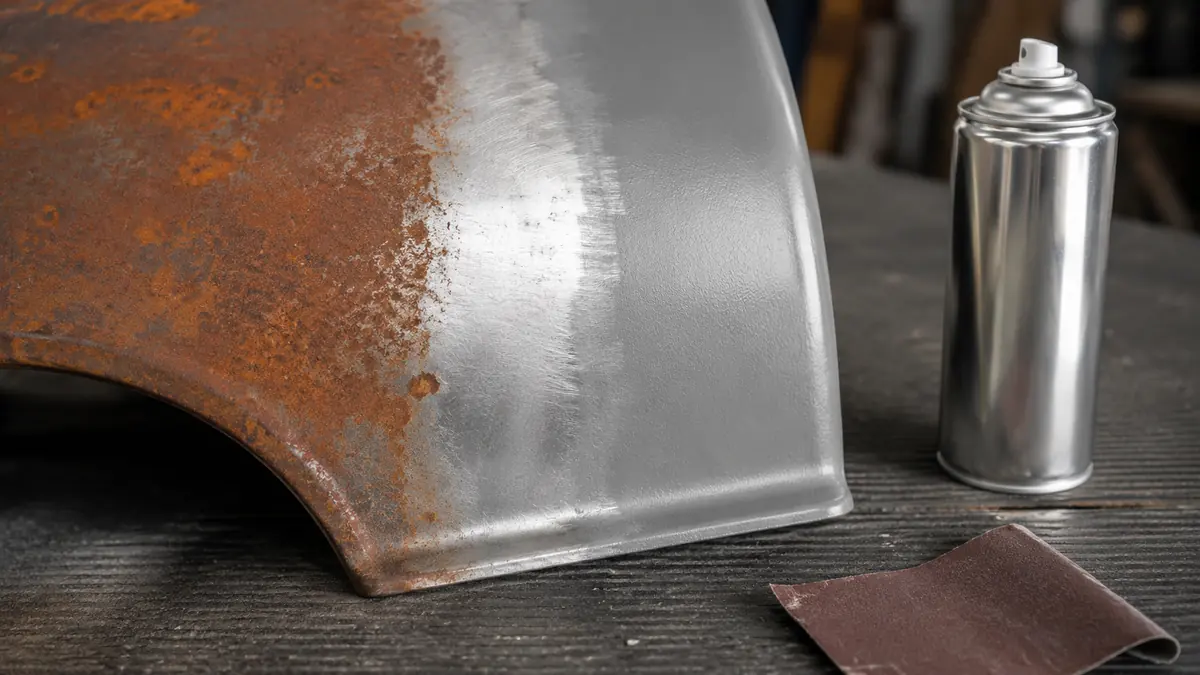 Metallflaeche halb entrostet: linke Haelfte mit orangebraunem Rost, rechte Haelfte blank geschliffen und mit Rostschutzgrundierung behandelt, Chromlack-Spraydose und Schleifpapier im Hintergrund