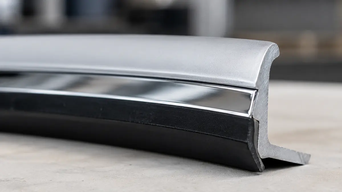 Schichtaufbau Chromlack: Vorlack, Chromlack und Klarlack auf einem Metallteil im Querschnitt