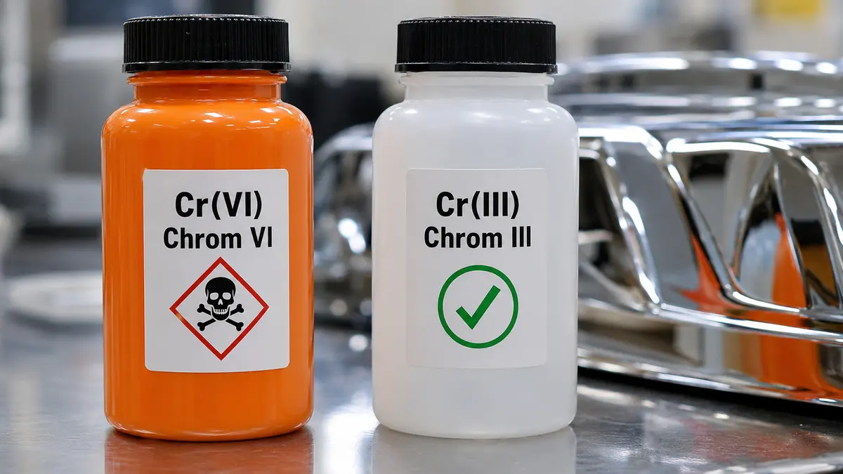 Zwei Laborflaschen im Vergleich: Chrom VI mit Gefahrstoffkennzeichnung links, sicheres Chrom III rechts, vor verchromter Metalloberfläche