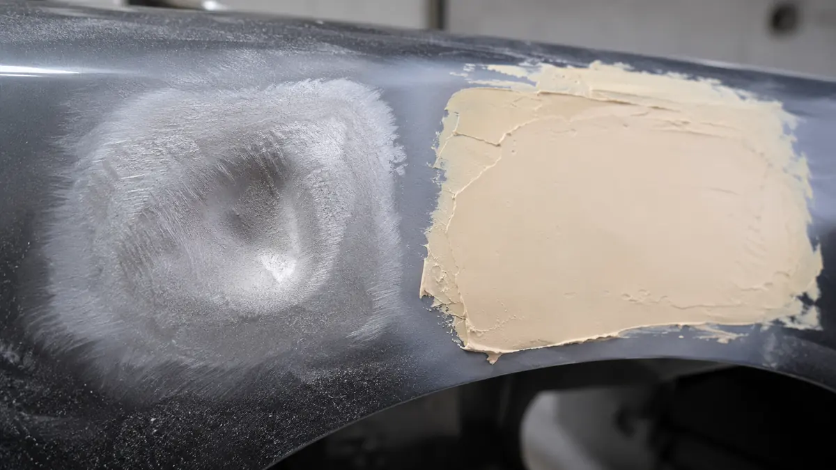 Vorher-Nachher: Delle in Autokarosserie mit aufgerauter Oberflaeche links, frisch aufgetragener Polyesterspachtel rechts vor dem Schleifen