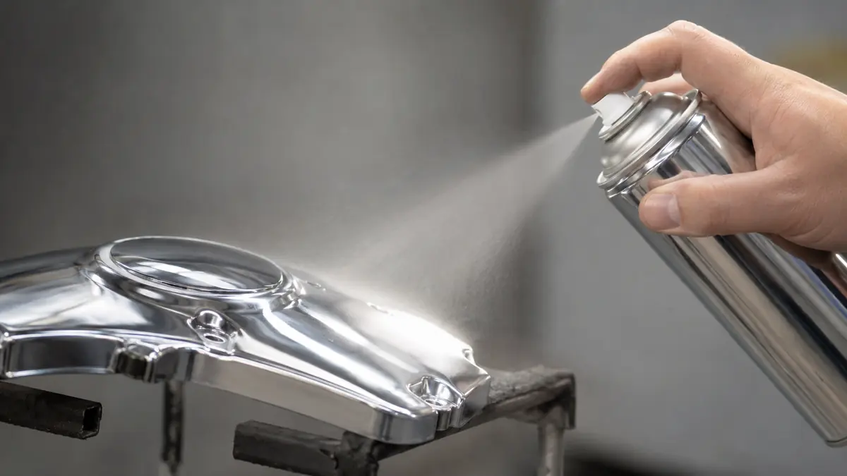Spritzabstand beim Chromlack korrekt einhalten: Spruehose wird in ca. 25 cm Abstand ueber Metalloberflaeche gefuehrt