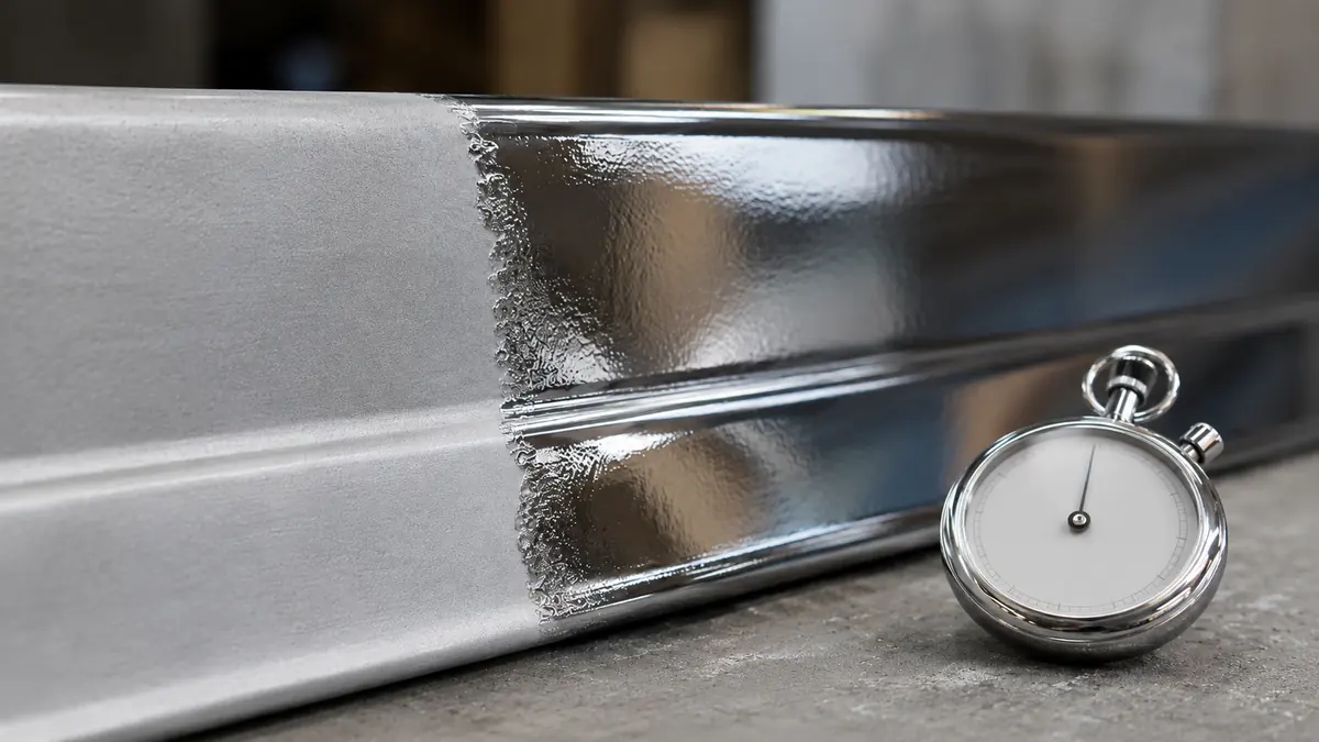 Frisch lackierte Metalloberflaeche mit Chrom-Effektlack in verschiedenen Trocknungsstufen