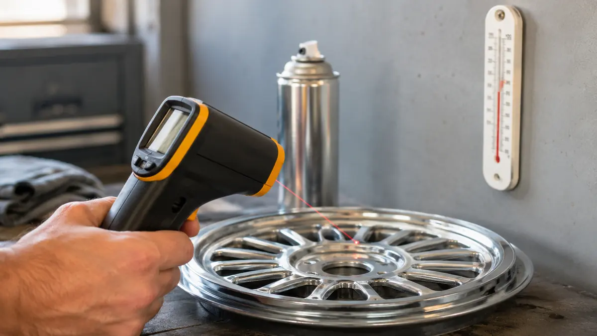 Infrarot-Thermometer misst die Oberflaechentemperatur einer Metallfelge vor dem Lackieren mit Chromlack-Spray