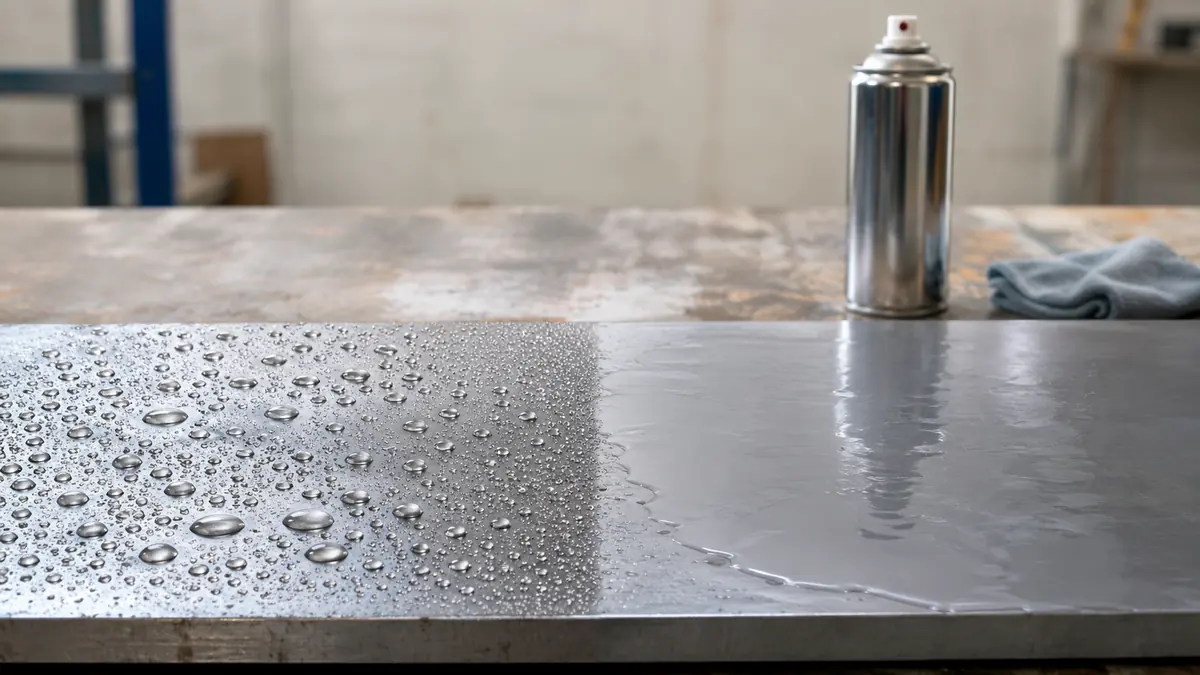 Wassertest auf Metalloberfläche vor dem Lackieren mit Chromlack-Spray: links Wasserperlen auf fettigem Untergrund, rechts gleichmäßig verlaufendes Wasser auf sauberem Untergrund