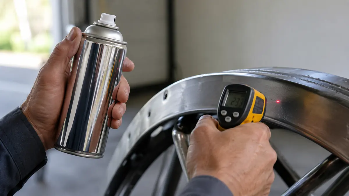 Infrarot-Thermometer wird auf Metalluntergrund gerichtet neben einer Chromlack-Spraydose vor dem Lackieren
